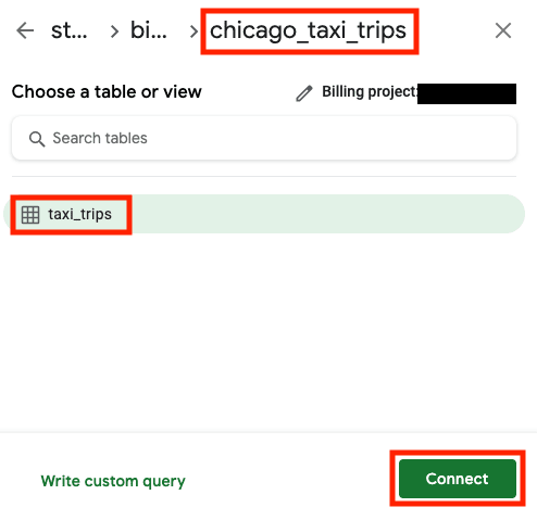 bigquery to google sheets - taxi_trips table